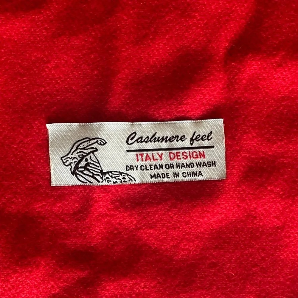 Cashmere-Feel Red Scarf with Fringe - Picture 2 of 2